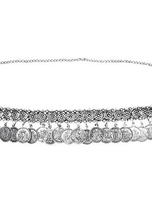 I jewels navratri ethnic silver oxidised coin tassel adjustable boho waist chain/belly chain/kamarband for women  4