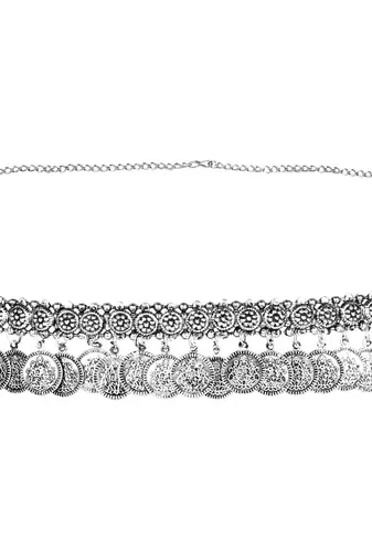 I jewels navratri ethnic silver oxidised coin tassel adjustable boho waist chain/belly chain/kamarband for women 