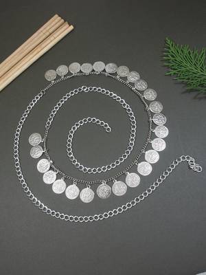 I jewels navratri ethnic silver oxidised coin tassel adjustable boho waist chain/belly chain/kamarband for women (b061s) 1