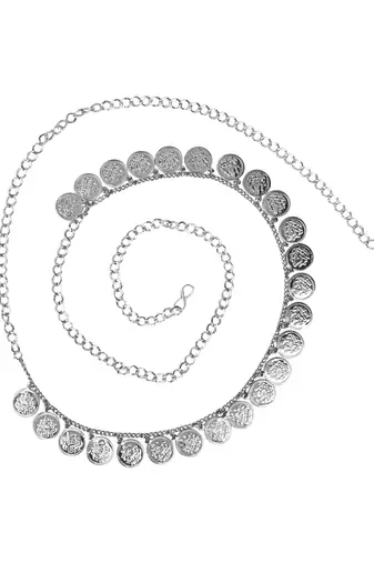 I jewels navratri ethnic silver oxidised coin tassel adjustable boho waist chain/belly chain/kamarband for women (b061s)