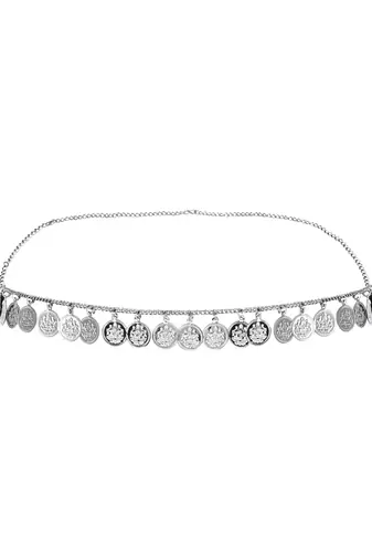 I jewels navratri ethnic silver oxidised coin tassel adjustable boho waist chain/belly chain/kamarband for women (b061s)