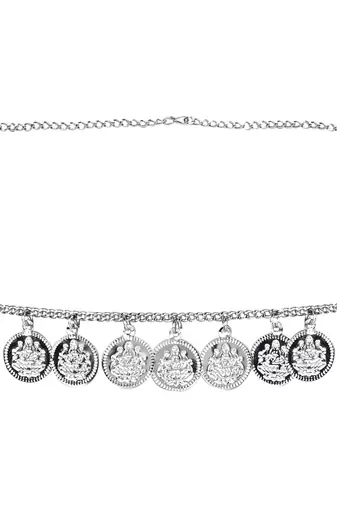 I jewels navratri ethnic silver oxidised coin tassel adjustable boho waist chain/belly chain/kamarband for women (b061s)