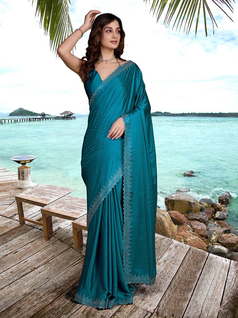  Satin Silk swarovski Work Saree With Unstitch Blouse Piece