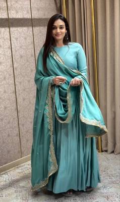 Teal Colour Designer French Fabric Heavy Work Gown With Dupatta 1