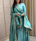 Teal Colour Designer French Fabric Heavy Work Gown With Dupatta