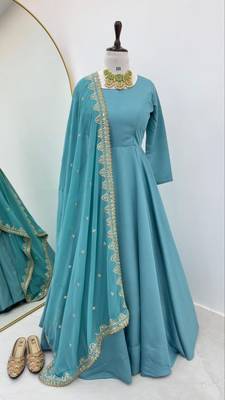 Teal Colour Designer French Fabric Heavy Work Gown With Dupatta 3