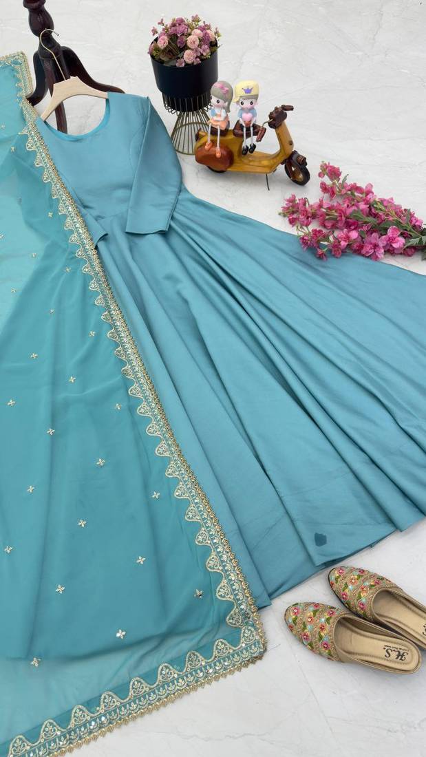 Teal Colour Designer French Fabric Heavy Work Gown With Dupatta