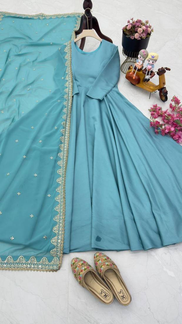 Teal Colour Designer French Fabric Heavy Work Gown With Dupatta