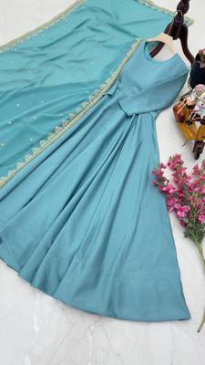 Teal Colour Designer French Fabric Heavy Work Gown With Dupatta 6