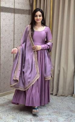 Purple Colour Designer French Fabric Heavy Work Gown With Dupatta 1