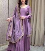 Purple Colour Designer French Fabric Heavy Work Gown With Dupatta