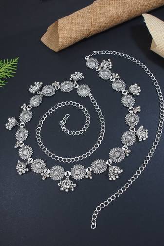 navratri ethnic silver oxidised floral design jhumka adjustable boho waist chain