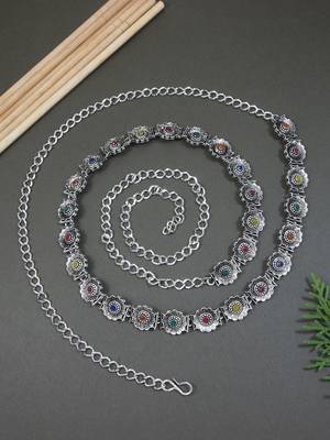 navratri ethnic silver oxidised floral design adjustable boho waist chain/belly chain 1