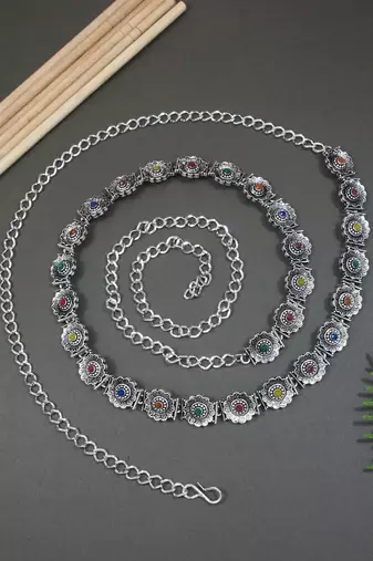 navratri ethnic silver oxidised floral design adjustable boho waist chain/belly chain