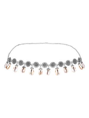 navratri eathnic silver oxidised floral design handcrafted with shell and ghungroo adjustable kamarband 3