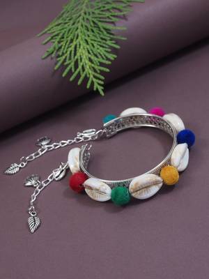 silver oxidised colorful pom-pom & cowrie shell adjustable cuff kada bracelet 1