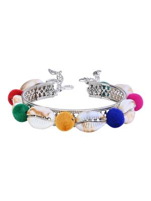 silver oxidised colorful pom-pom & cowrie shell adjustable cuff kada bracelet 2