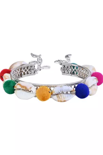 silver oxidised colorful pom-pom & cowrie shell adjustable cuff kada bracelet