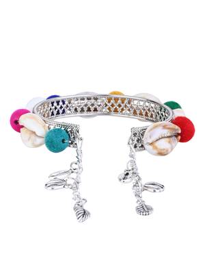 silver oxidised colorful pom-pom & cowrie shell adjustable cuff kada bracelet 3