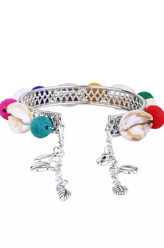 silver oxidised colorful pom-pom & cowrie shell adjustable cuff kada bracelet