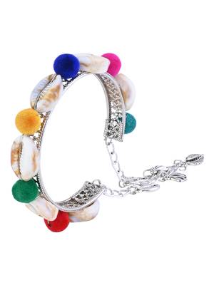 silver oxidised colorful pom-pom & cowrie shell adjustable cuff kada bracelet 4