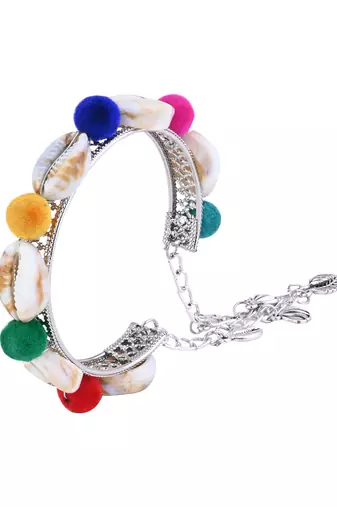 silver oxidised colorful pom-pom & cowrie shell adjustable cuff kada bracelet