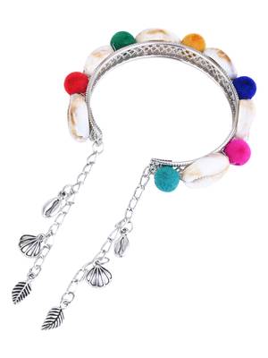 silver oxidised colorful pom-pom & cowrie shell adjustable cuff kada bracelet 5