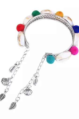 silver oxidised colorful pom-pom & cowrie shell adjustable cuff kada bracelet