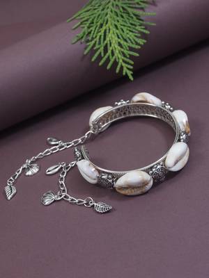 silver oxidised afghani boho cowrie shell & bead adjustable cuff kada bracelet 1