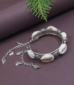 silver oxidised afghani boho cowrie shell & bead adjustable cuff kada bracelet
