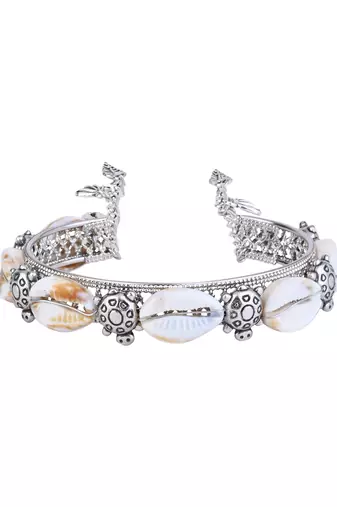 silver oxidised afghani boho cowrie shell & bead adjustable cuff kada bracelet