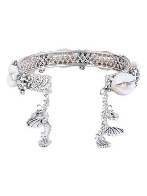 silver oxidised afghani boho cowrie shell & bead adjustable cuff kada bracelet 3