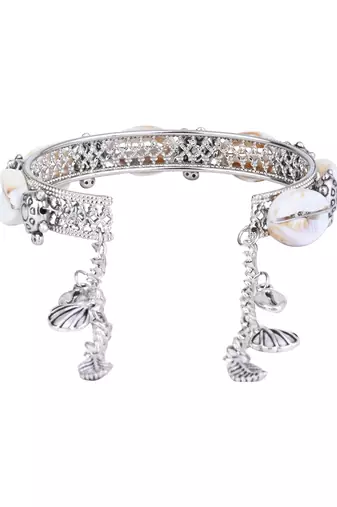 silver oxidised afghani boho cowrie shell & bead adjustable cuff kada bracelet