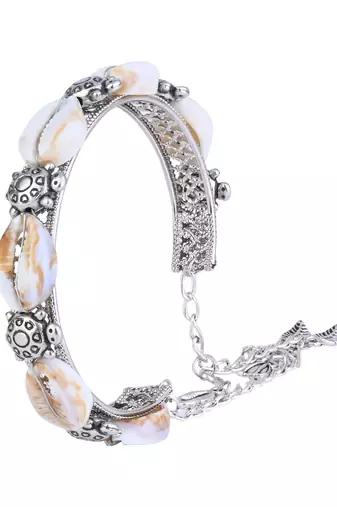 silver oxidised afghani boho cowrie shell & bead adjustable cuff kada bracelet