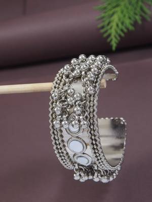 silver oxidised afghani ghungroo & mirror work adjustable cuff kada bracelet 1