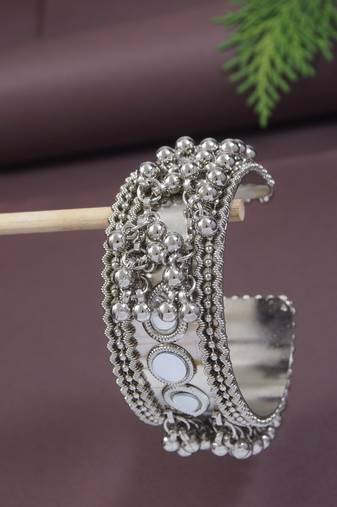 silver oxidised afghani ghungroo & mirror work adjustable cuff kada bracelet
