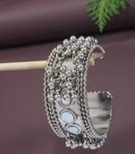 silver oxidised afghani ghungroo & mirror work adjustable cuff kada bracelet