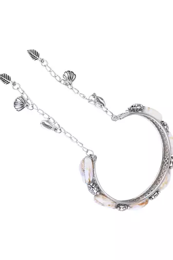 silver oxidised afghani boho cowrie shell & bead adjustable cuff kada bracelet