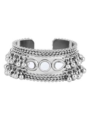 silver oxidised afghani ghungroo & mirror work adjustable cuff kada bracelet 2