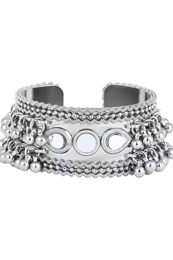 silver oxidised afghani ghungroo & mirror work adjustable cuff kada bracelet