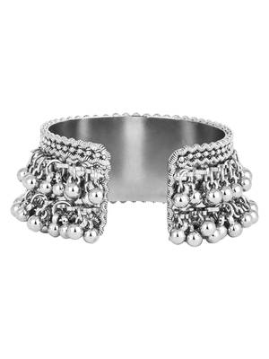 silver oxidised afghani ghungroo & mirror work adjustable cuff kada bracelet 3
