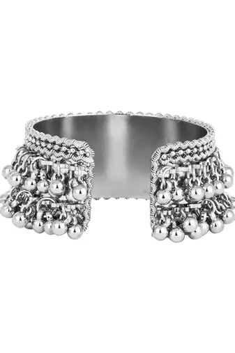 silver oxidised afghani ghungroo & mirror work adjustable cuff kada bracelet