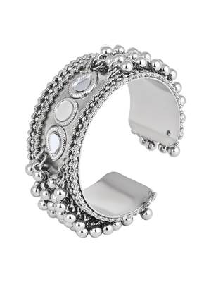 silver oxidised afghani ghungroo & mirror work adjustable cuff kada bracelet 4