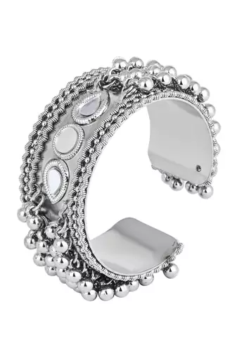 silver oxidised afghani ghungroo & mirror work adjustable cuff kada bracelet