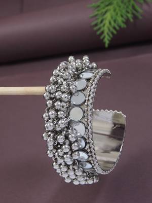 silver oxidised afghani ghungroo & mirror work adjustable cuff kada bracelet 1