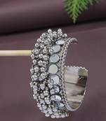 silver oxidised afghani ghungroo & mirror work adjustable cuff kada bracelet