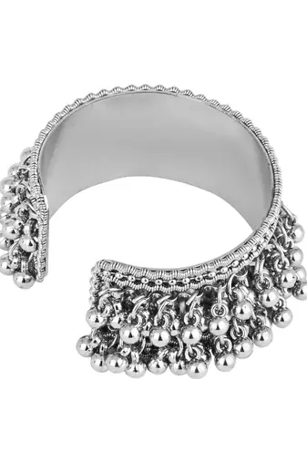 silver oxidised afghani ghungroo & mirror work adjustable cuff kada bracelet