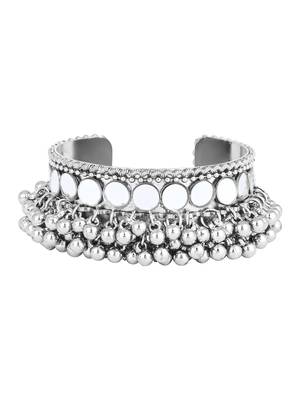 silver oxidised afghani ghungroo & mirror work adjustable cuff kada bracelet 2