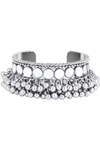 silver oxidised afghani ghungroo & mirror work adjustable cuff kada bracelet