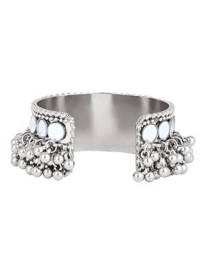 silver oxidised afghani ghungroo & mirror work adjustable cuff kada bracelet 3